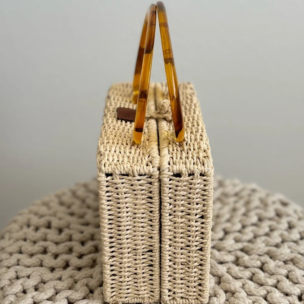 Stylish Tan Woven Bag with Yellow Handles - Picture 3 of 4